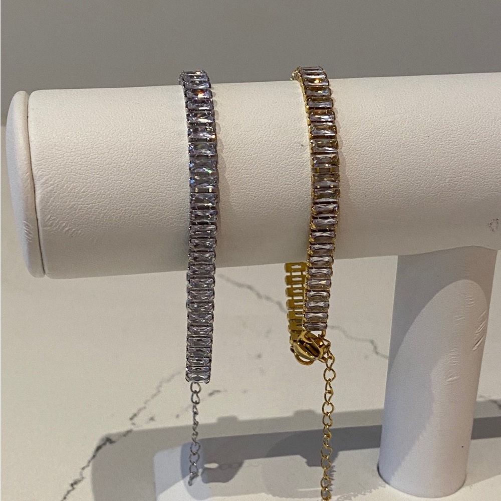 Baguette diamond tennis bracelet - cz, 18k plated